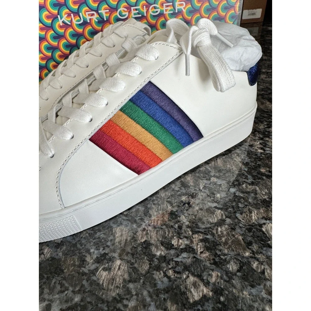 Kurt Geiger London Mens 9.5 White Leather Rainbow Stripe Low Top‎ Sneakers Shoes